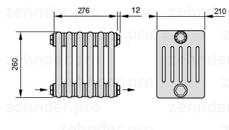 Схема (чертеж) Радиатор Zehnder Charleston 6026/6 №2670 Белый глянцевый RAL 9016